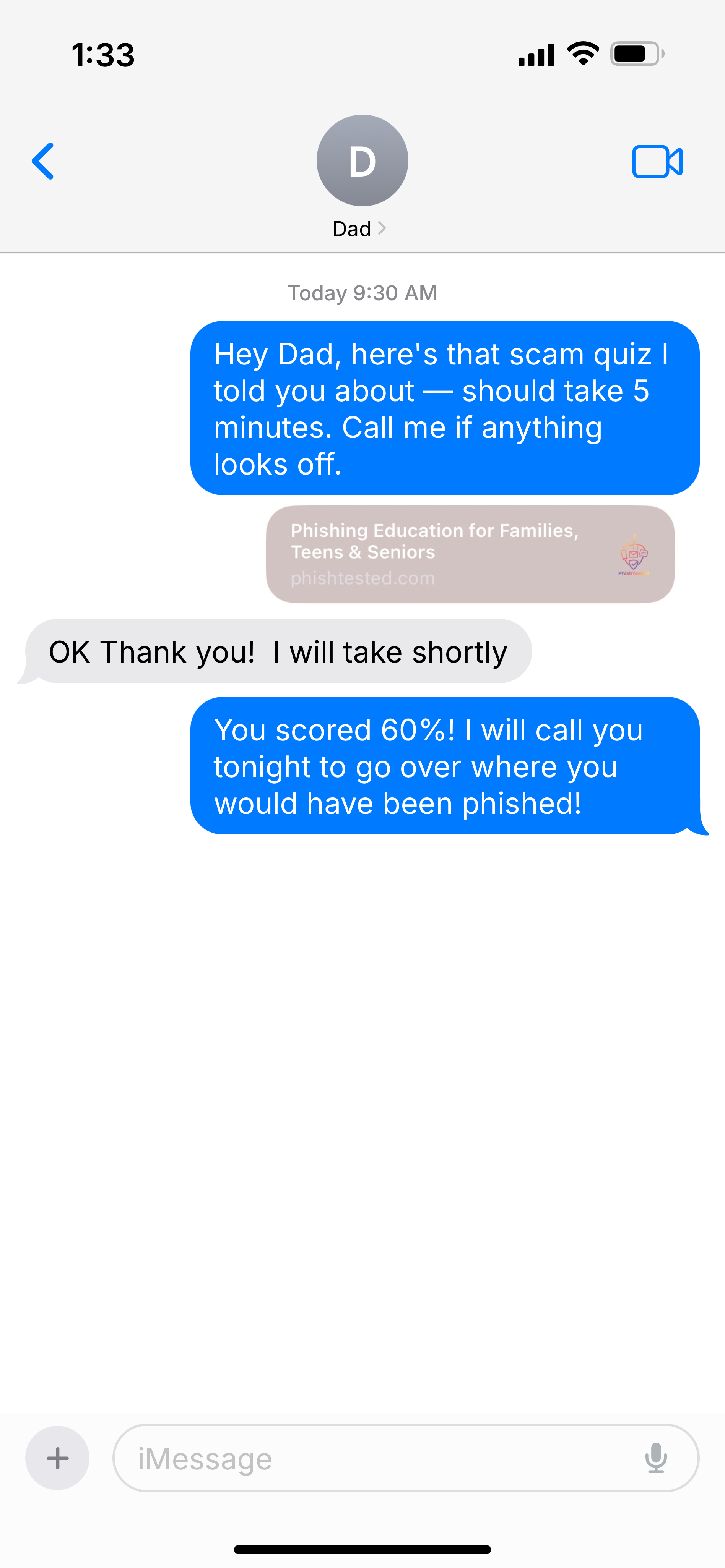 iMessage conversation showing a challenge link being sent to Dad